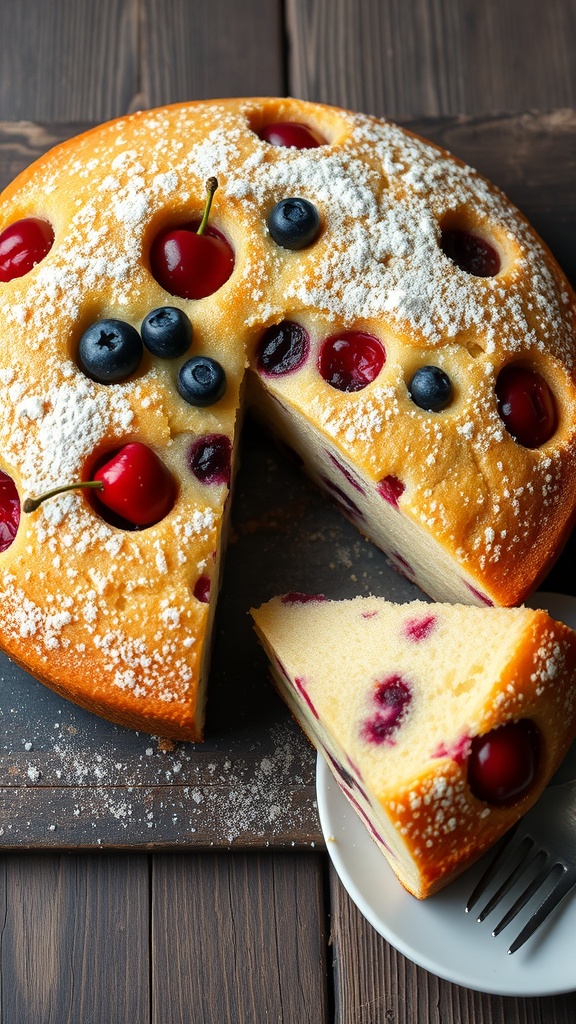 A slice of traditional Czech bublanina cake with cherries and blueberries, dusted with powdered sugar on a wooden table.